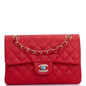 Small Classic Double Flap Red Caviar Light Gold Hardware.