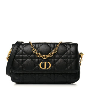 CHRISTIAN DIOR Calfskin Cannage Caro Pouch with Chain Black.